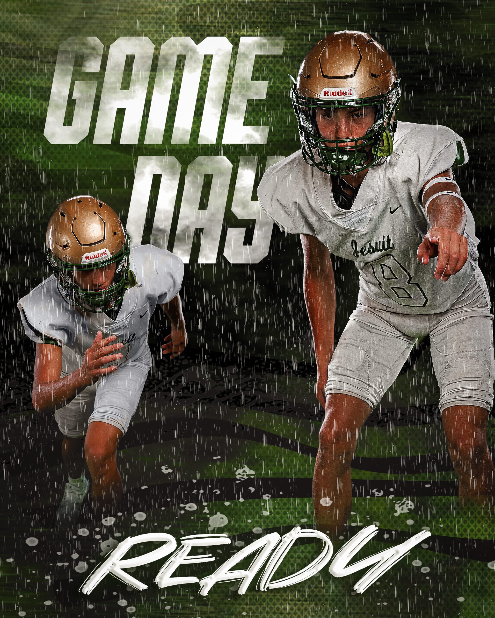 A young football player in two action poses with the words Game Days and Ready added as graphic art