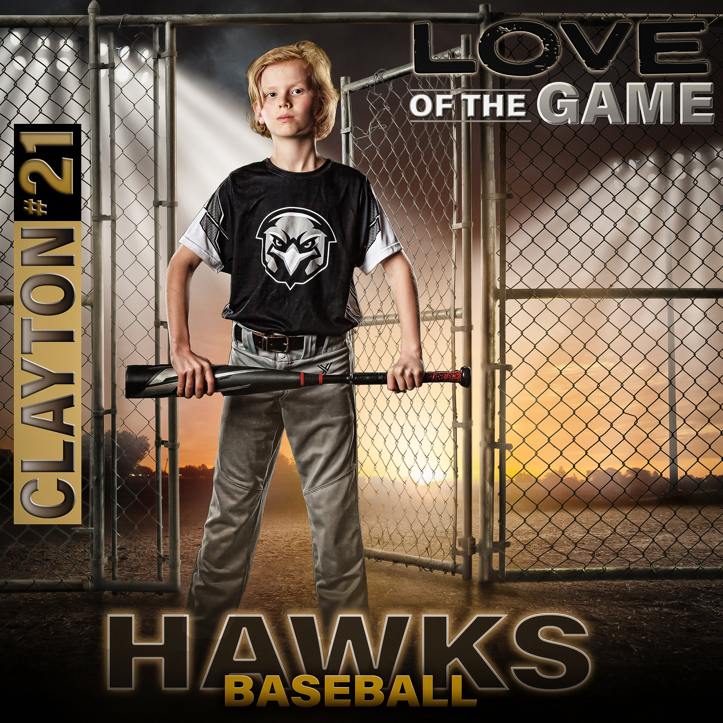 Teenage baseball player posing in front of a backstop fence with a bat in hand