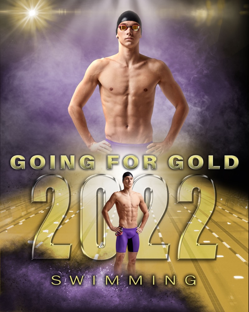 Young male swimmer posing for a going for gold poster