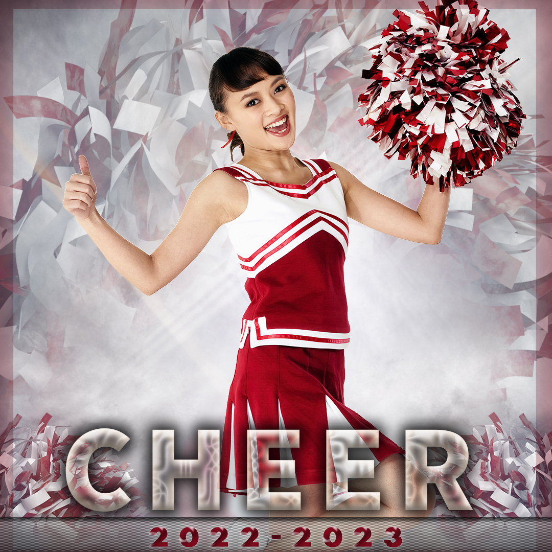 young woman in cheerleading uniform posing with cheer pom pom