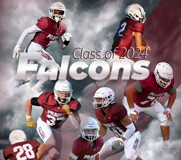Sports flyer graphic design for Prairie High School football featuring several players in various poses.