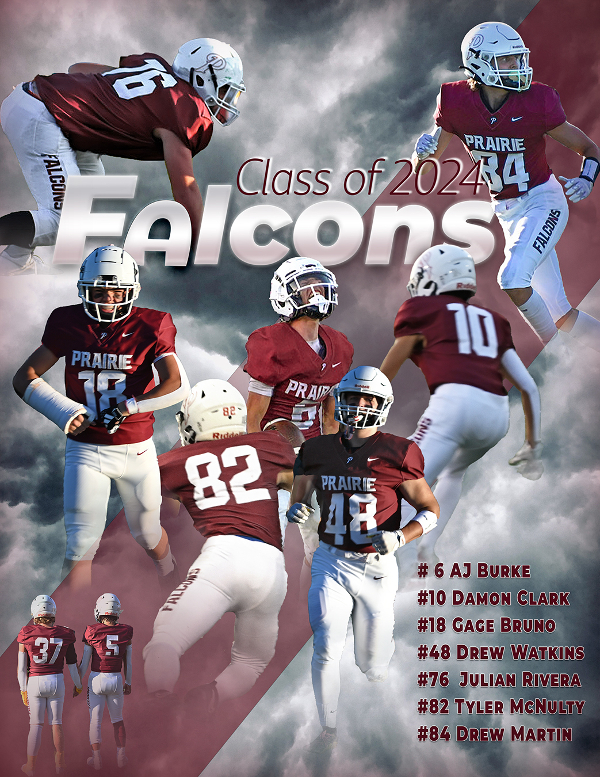 Sports flyer graphic design for Prairie High School football featuring several players in various poses.